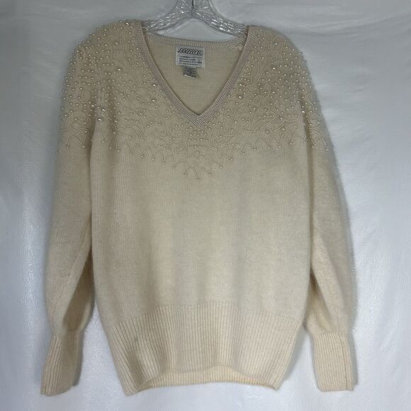 Vintage 80s Side Effects Beaded Ivory Wool Angora Rabbit Hair Sweater Sz M - Picture 10 of 16